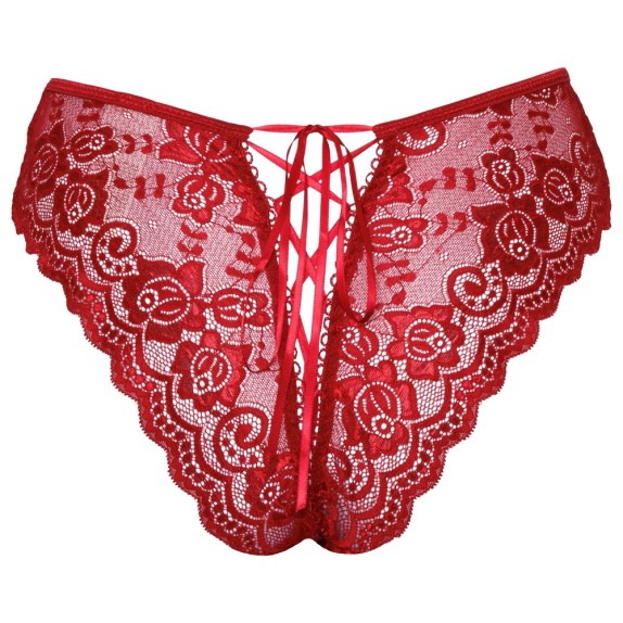 CULOTTE IN PIZZO FLOREALE ROSSO CON APERTURE E INCROCI SEDUCENTI