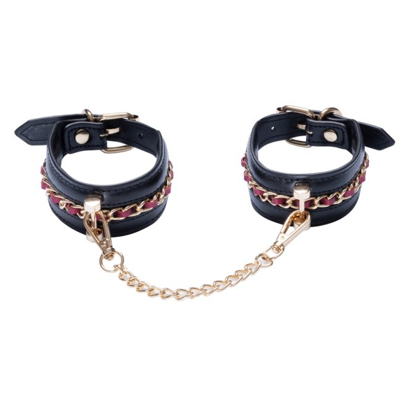 KIT BONDAGE 6 PEZZI NERO ELEGANTE CON DETTAGLI ORO E ROSSI ACCESSORI REGOLABILI
