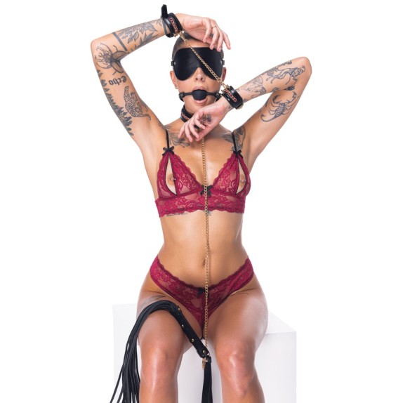 KIT BONDAGE 6 PEZZI NERO ELEGANTE CON DETTAGLI ORO E ROSSI ACCESSORI REGOLABILI