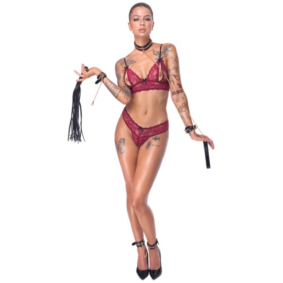 KIT BONDAGE 6 PEZZI NERO ELEGANTE CON DETTAGLI ORO E ROSSI ACCESSORI REGOLABILI