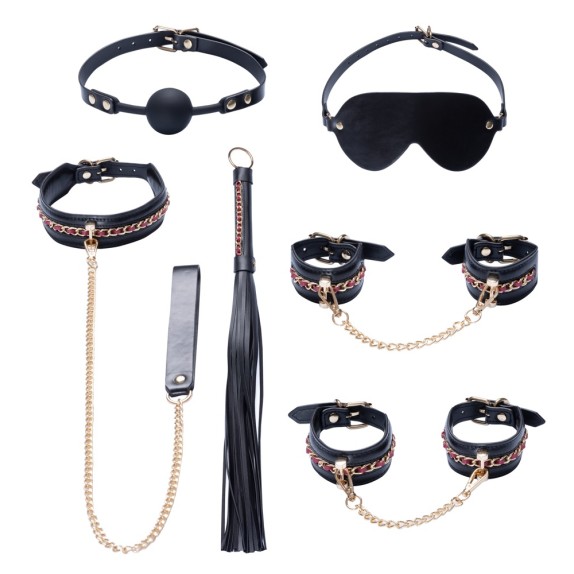 KIT BONDAGE 6 PEZZI NERO ELEGANTE CON DETTAGLI ORO E ROSSI ACCESSORI REGOLABILI