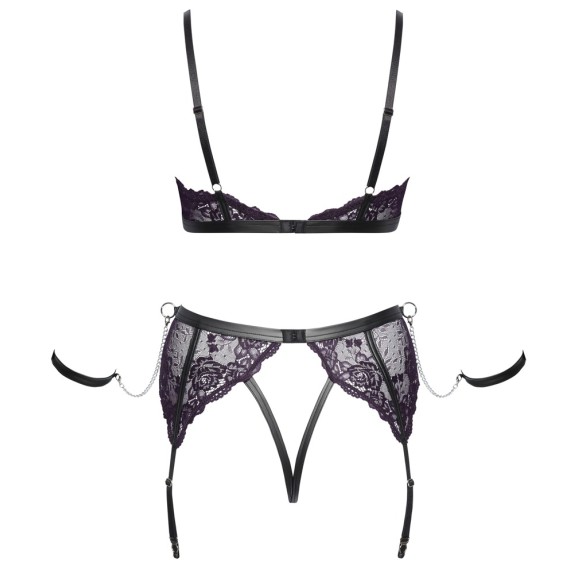COMPLETO INTIMO SEXY IN PIZZO VIOLA CON REGGICALZE E CON CATENE E MANETTE