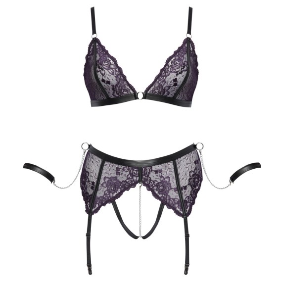 COMPLETO INTIMO SEXY IN PIZZO VIOLA CON REGGICALZE E CON CATENE E MANETTE