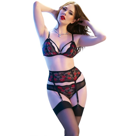 copy of SET 4 PEZZI COMPLETO INTIMO PER DONNA NERO CON BACI E CUORI