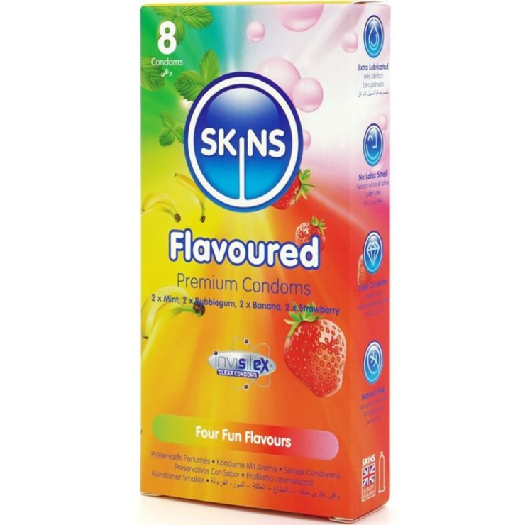 PROFILATTICI PRESERVATIVI PACCHETTO DA 8 CON 4 GUSTI SKINS