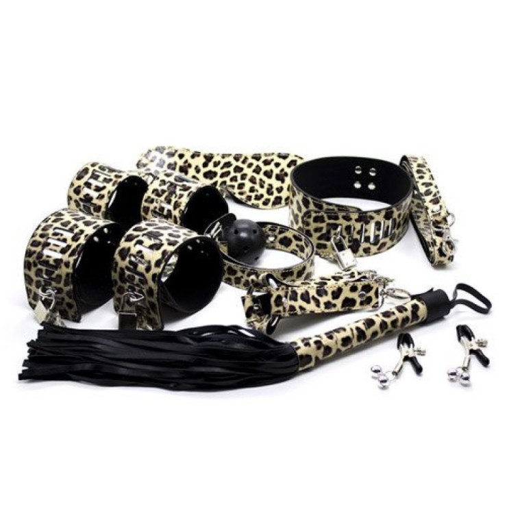 KIT BONDAGE 9 PEZZI LEOPARDATO PER GIOCHI DI COPPIA SADOMASO