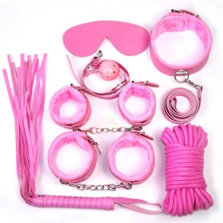 KIT BONDAGE 8 PEZZI IN SIMILPELLE ROSA CON PELO