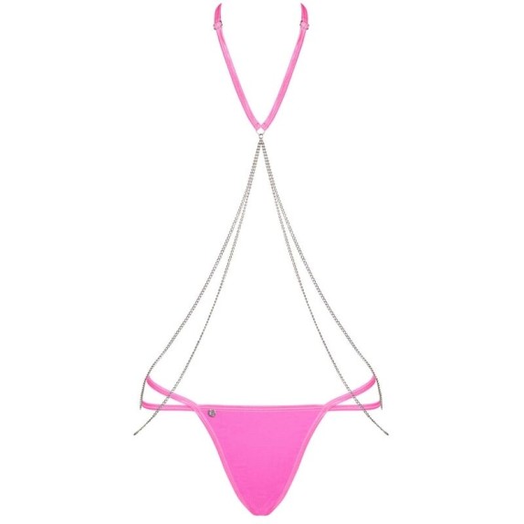 COMPLETO INTIMO SEXY PER DONNA ROSA FLUO CON CATENE ARGENTO CHAINTY SET