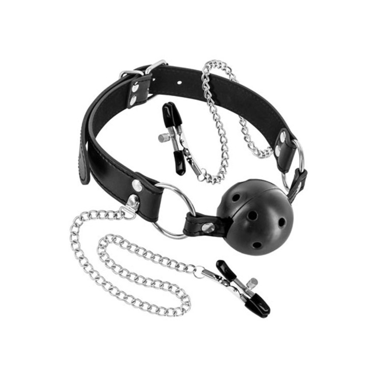 MORSO-BALL GAG SEX TOY CON PINZE PER CAPEZZOLI 2