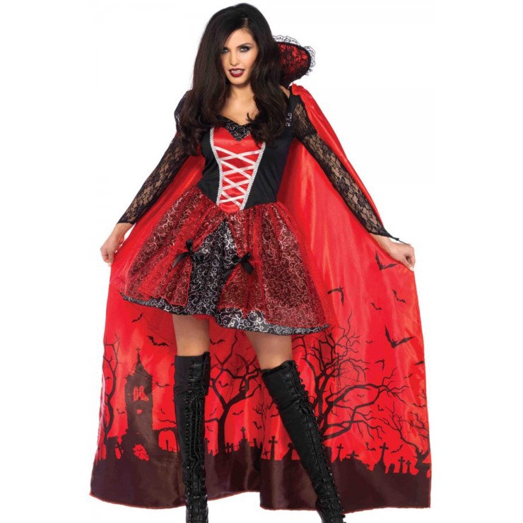COSTUME TRAVESTIMENTO SEXY DA VAMPIRA CON MANTELLO LEG...