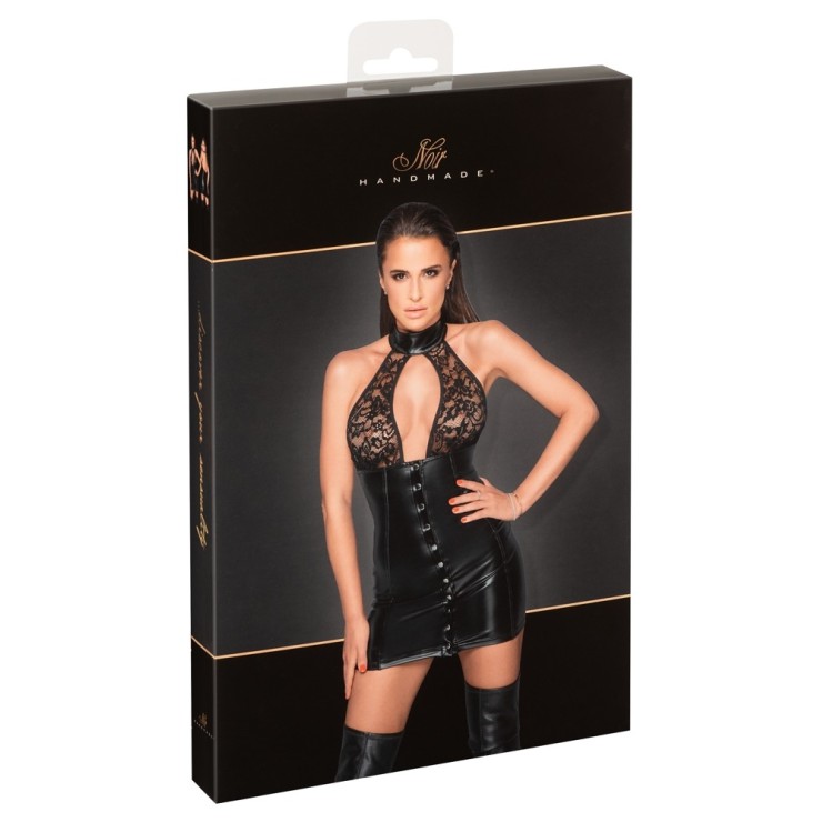 MINI ABITO SEXY IN PIZZO E SPANDEX OPACO CON BOTTONI NOIR