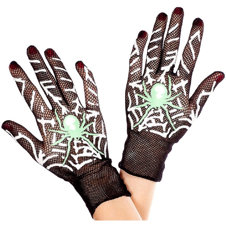 GUANTI SEXY PER DONNA A RETE CORTI CON RAGNO FLUORESCENTE 2