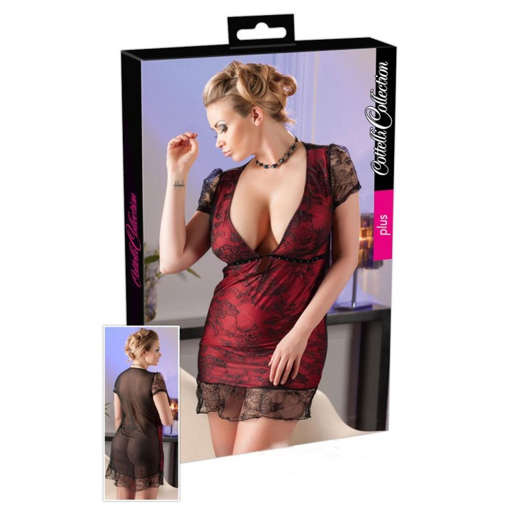 BABYDOLL SEXY IN PIZZO MANICHE CORTE ROSSO TAGLIE GRANDI