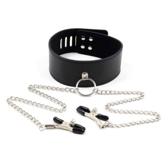 COLLARE SEXY CON LUCCHETTO E PINZETTE PER CAPEZZOLI LEASH