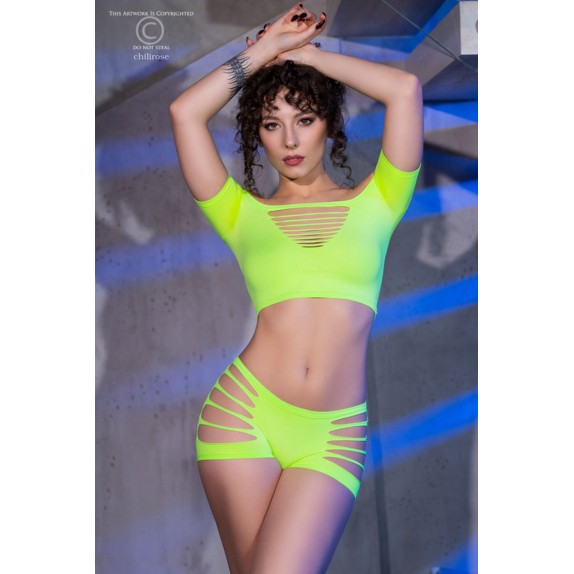 SET 2 PEZZI SEXY PER DONNA TOP E SHORTS VERDE FLUO CHILIROSE