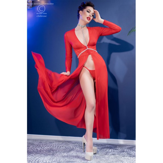 ABITO LUNGO SEXY PER DONNA CON PIZZO E PERIZOMA ROSSO CHILIROSE