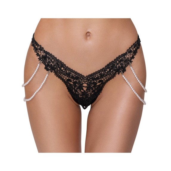 STRING SEXY PER DONNA IN PIZZO NERO CON CATENE LATERALI DI PERLE COTTELLI