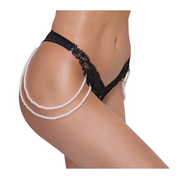 STRING SEXY PER DONNA IN PIZZO NERO CON CATENE LATERALI DI PERLE COTTELLI