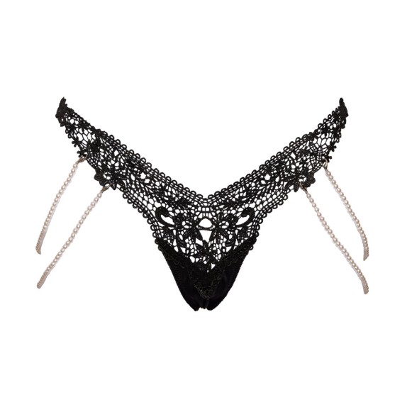 STRING SEXY PER DONNA IN PIZZO NERO CON CATENE LATERALI DI PERLE
