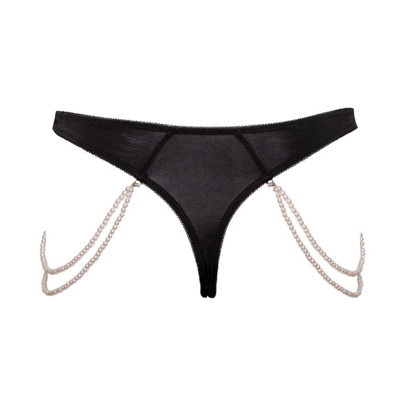 STRING SEXY PER DONNA IN PIZZO NERO CON CATENE LATERALI DI PERLE