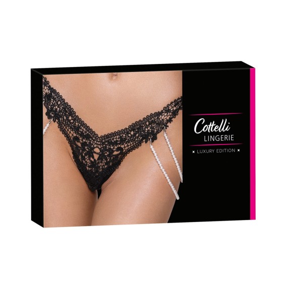 STRING SEXY PER DONNA IN PIZZO NERO CON CATENE LATERALI DI PERLE
