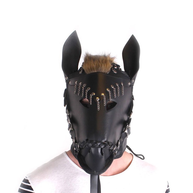 MASCHERA FETISH DA CAVALLO IN PELLE CON BRIGLIE E CRINIERA