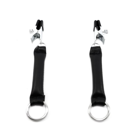 PINZETTE PER CAPEZZOLI CON PESETTO IN PELLE E ANELLO PER GIOCHI BDSM