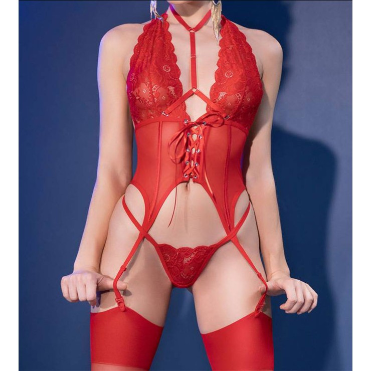 GUEPIERE ROSSA SEXY SET 3 PEZZI CALZE E PERIZOMA IN PIZZO...