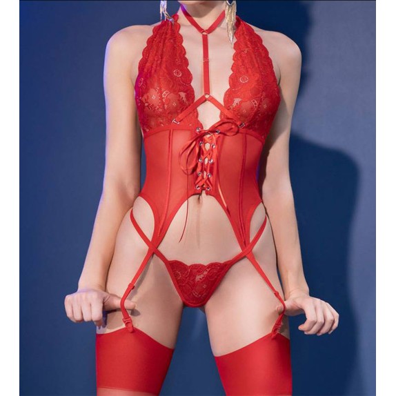 GUEPIERE ROSSA SEXY SET 3 PEZZI CALZE E PERIZOMA IN PIZZO FLOREALE CHILIROSE