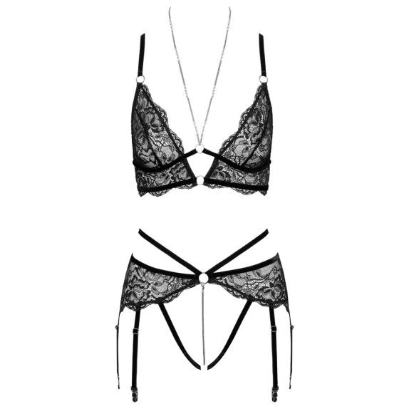 COMPLETO INTIMO SEXY DONNA CON STRASS BRILLANTI E APERTURE SENSUALI PIZZO NERO