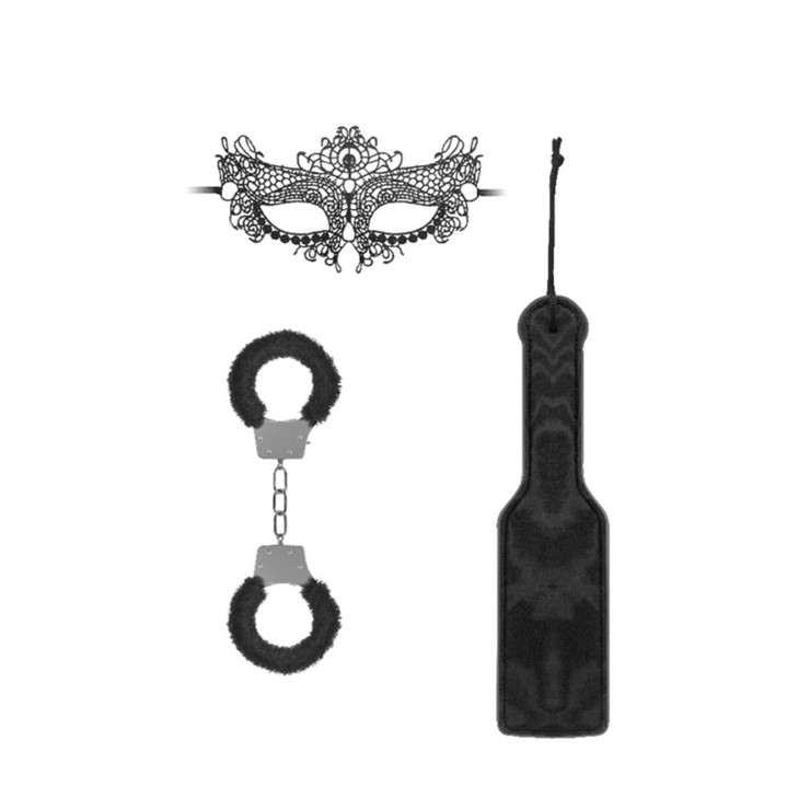SET BONDAGE KIT 3 PEZZI MASCHERA MANETTE E PADDLE BDSM