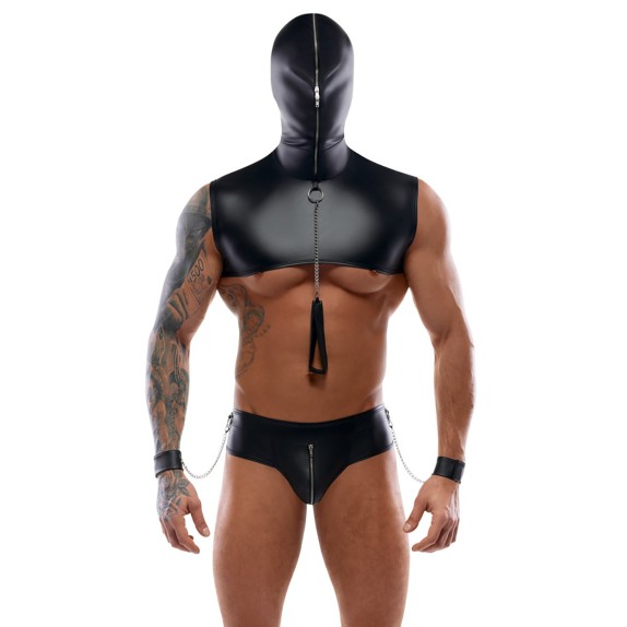 COMPLETO BONDAGE SEXY SET 4 PEZZI PER UOMO EFFETTO LUCIDO CON CAPPUCCIO E MANETTE