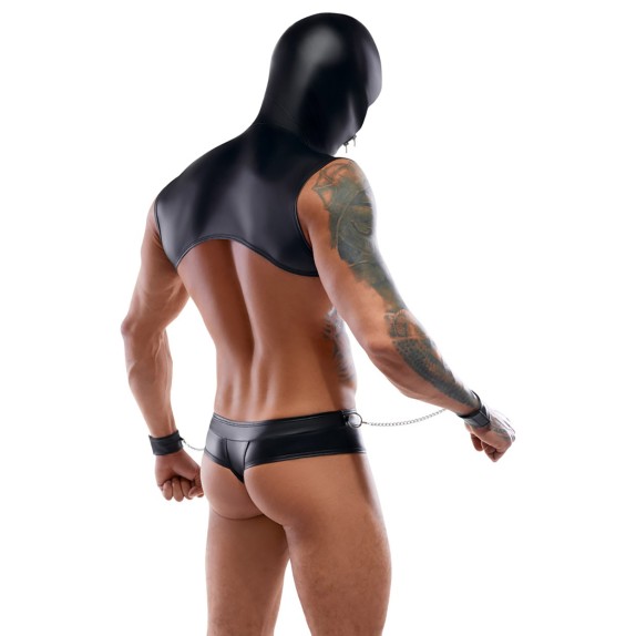 COMPLETO BONDAGE SEXY SET 4 PEZZI PER UOMO EFFETTO LUCIDO CON CAPPUCCIO E MANETTE