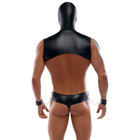 COMPLETO BONDAGE SEXY SET 4 PEZZI PER UOMO EFFETTO LUCIDO CON CAPPUCCIO E MANETTE