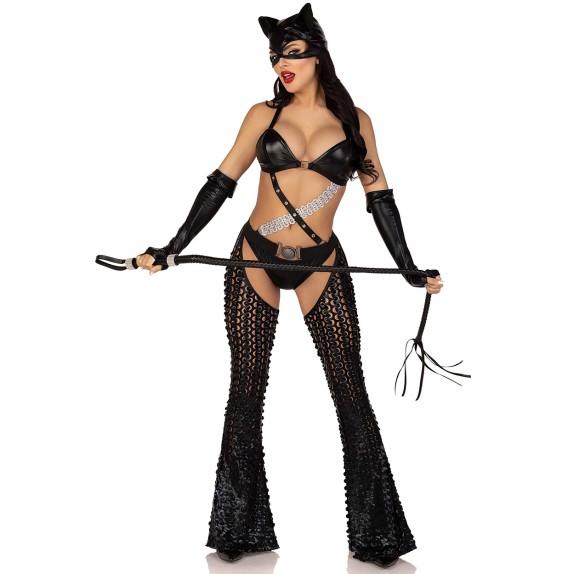 COSTUME TRAVESTIMENTO SEXY DA GATTA DOMINATRICE SET 3 PEZZI MISTRESS KITTY