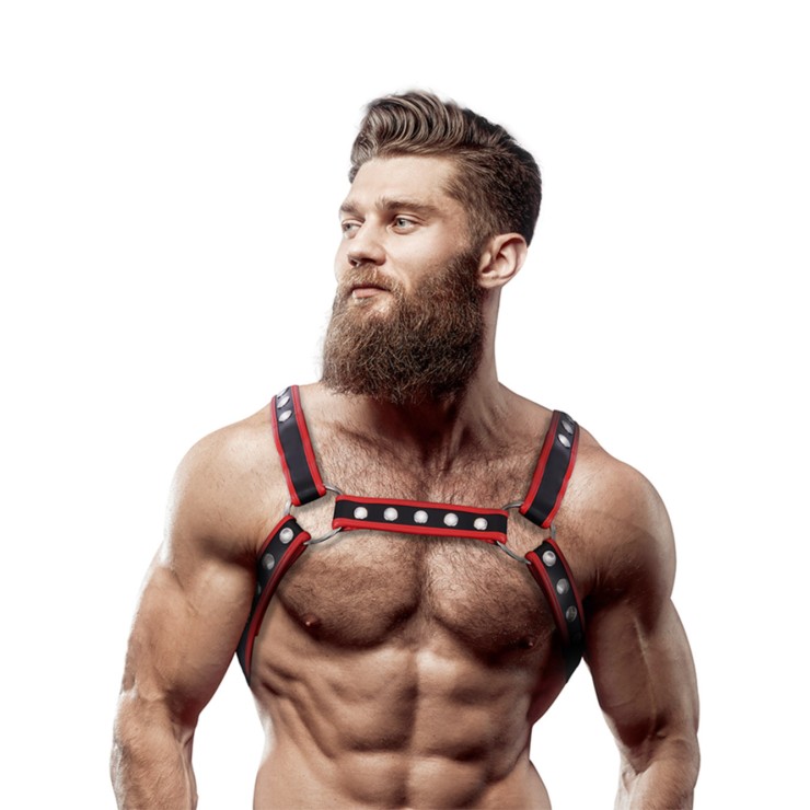 HARNESS SEXY PER UOMO CON BORCHIE ROSSO E NERO REGOLABILE...
