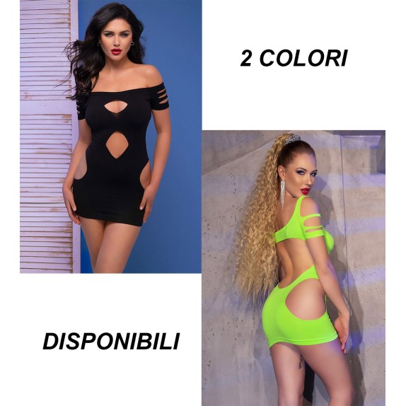 MNI ABITO SEXY PER DONNA VERDE FLUO CON APERTURE SU PANCIA E SCHIENA CHILIROSE