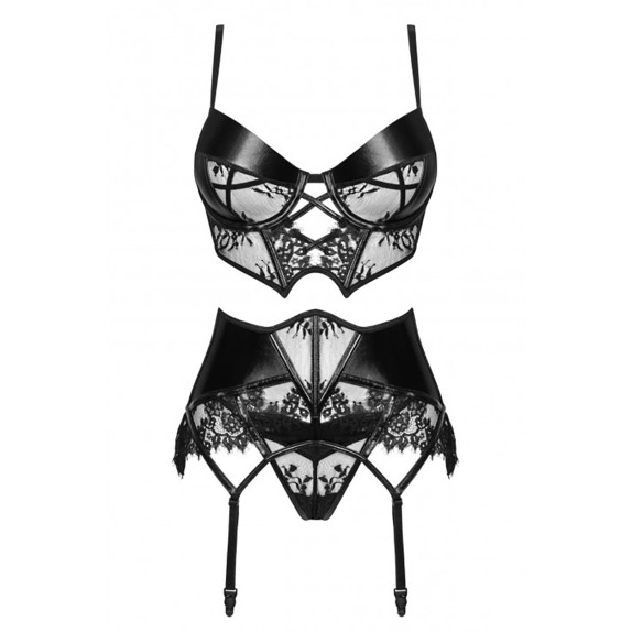 SET COORDINATO 3 PEZZI REGGISENO REGGICALZE E PERIZOMA IN PIZZO E SPANDEX LEONELA SET