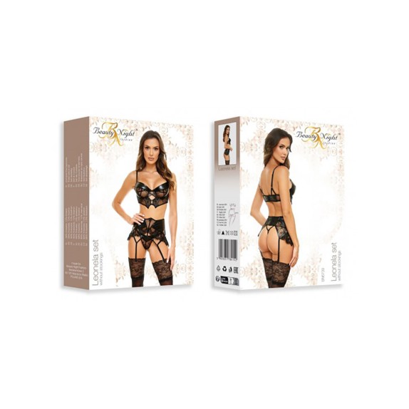 SET COORDINATO 3 PEZZI REGGISENO REGGICALZE E PERIZOMA IN PIZZO E SPANDEX LEONELA SET