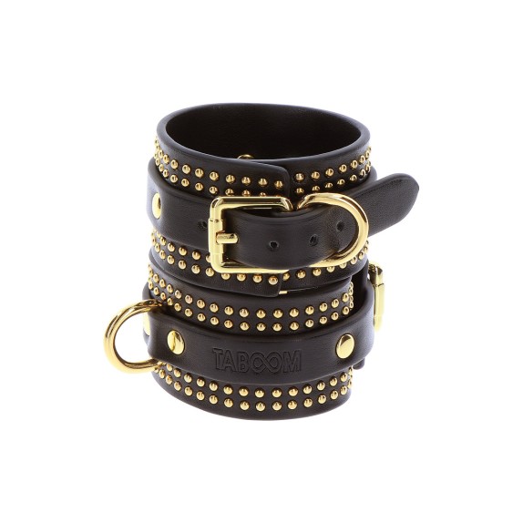 MANETTE SEXY IN PELLE SINTETICA NERA CON DETTAGLI DORATI E BORCHIE TABOOM