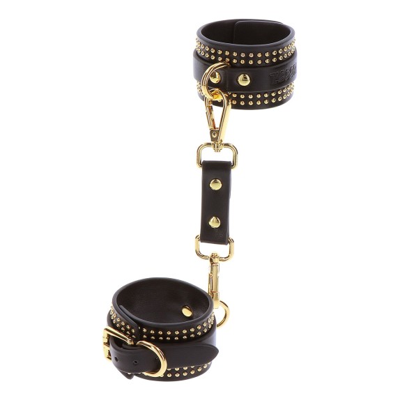 MANETTE SEXY IN PELLE SINTETICA NERA CON DETTAGLI DORATI E BORCHIE TABOOM