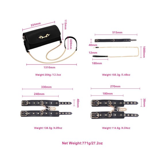 KIT 5 PEZZI BDSM SEXY CON BORSA PORTA OGGETTI IN PELLE VEGANA NERA
