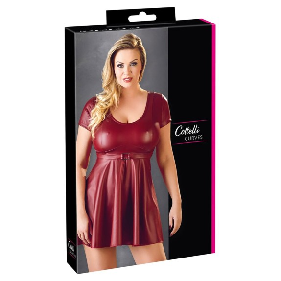 ABITO CORTO SEXY IN TESSUTO ROSSO LUCIDO WETLOOK CON SCOLLO E GONNA SVASATA