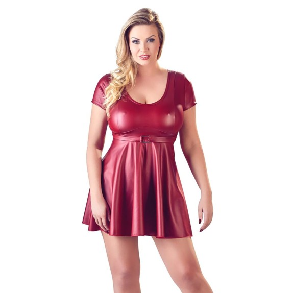 ABITO CORTO SEXY IN TESSUTO ROSSO LUCIDO WETLOOK CON SCOLLO E GONNA SVASATA