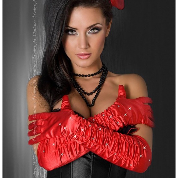 GUANTI LUNGHI SEXY PER DONNA IN RASO ROSSO CON STRASS