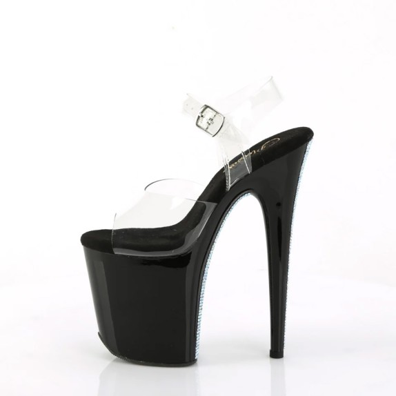 SANDALI SEXY NERO LUCIDO PER DONNA CON STRASS IRIDESCENTI TACCO 20 CM CON CINTURINO PLEASER