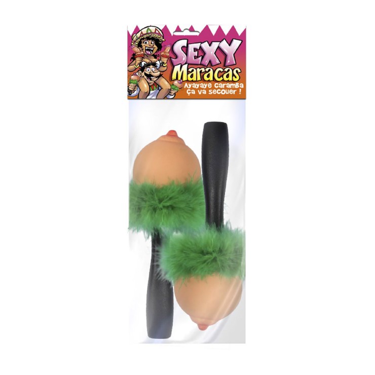 MARACAS A FORMA DI TETTE CON PIUME VERDI GADGET SCHERZOSO... 2