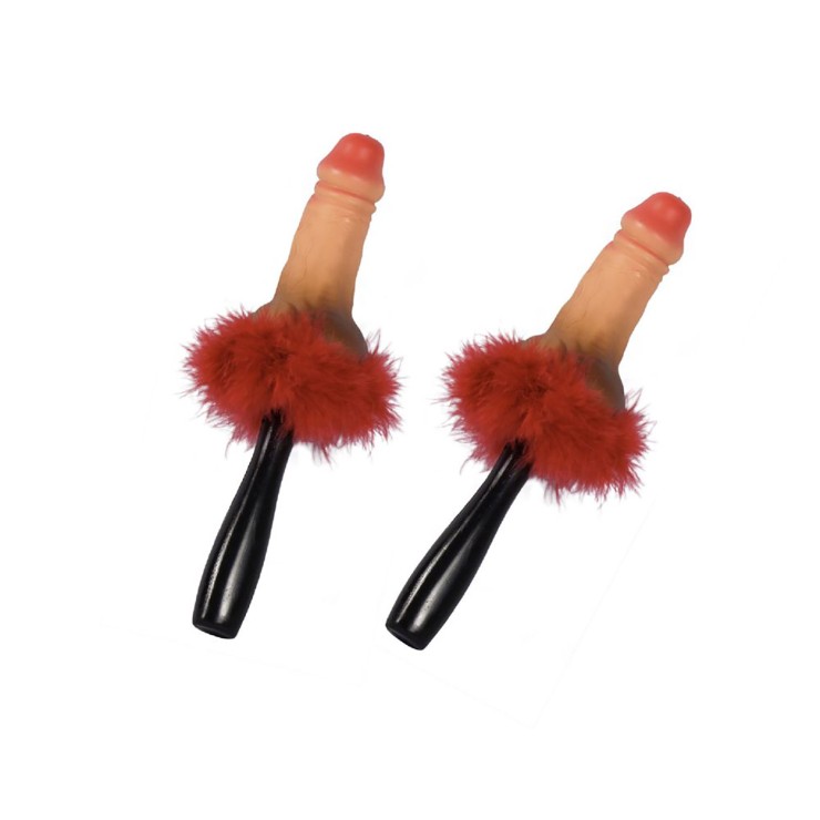 MARACAS A FORMA DI PENE CON PIUME ROSSE GADGET SCHERZOSO...