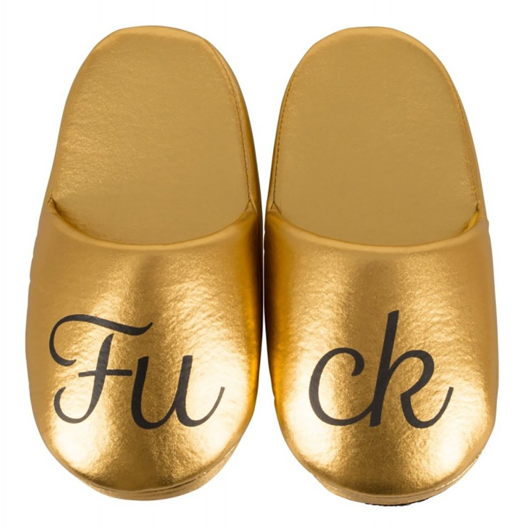 CIABATTE COLOR ORO CON SCRITTA FUCK 2