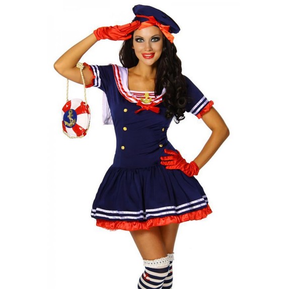 COSTUME TRAVESTIMENTO DA MARINAIA BLU VESTITO CON CAPPELLO E PERIZOMA